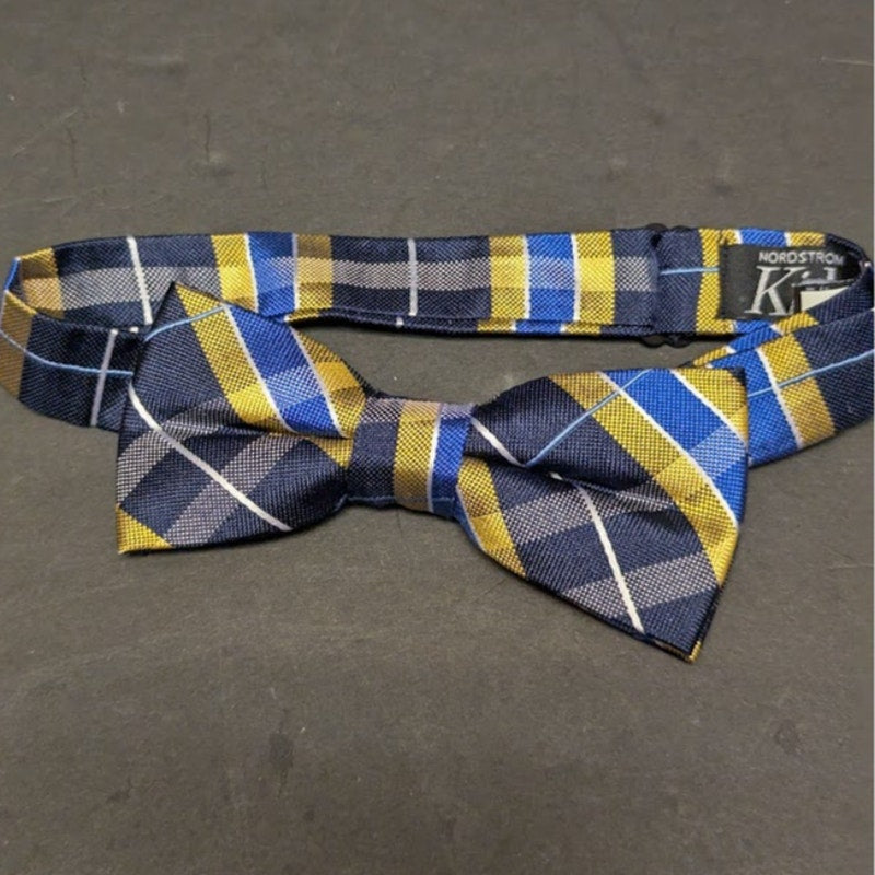 Nordstrom KIDS silk bow tie adjustable plaid blue gold NEW