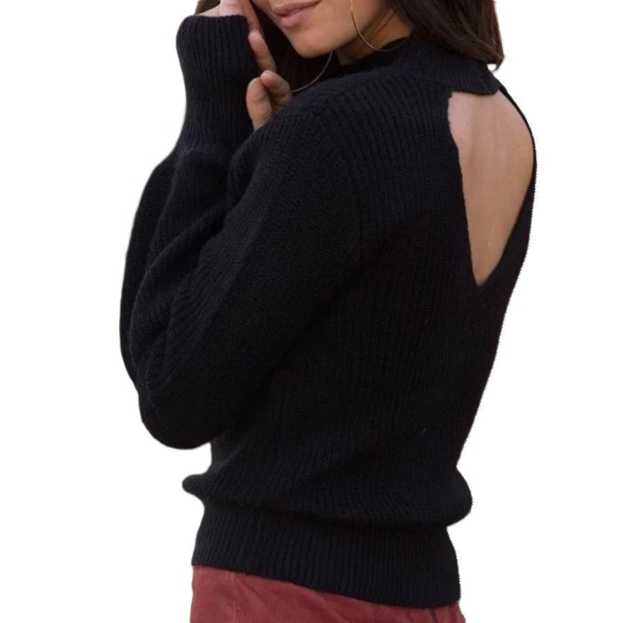 Willow & Clay Bishop Sleeve Back Cutout Pullover Sweater Sz Large in Black NWT