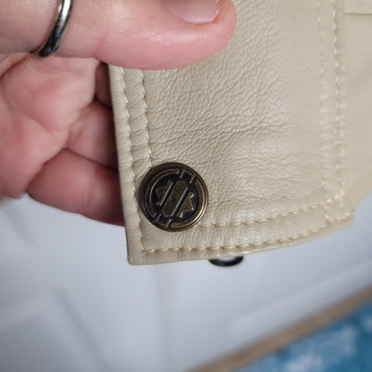 Vintage Grandpa Zip Up Jacket Cream Faux Leather Mens Large Pockets