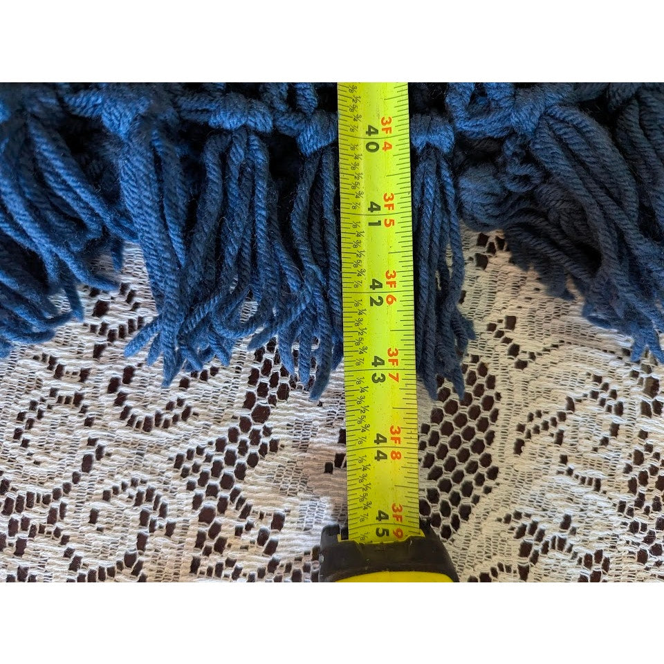 Handmade Dark Blue and Gray Crocheted Afghan throw w/ Fringe 84" x 64" Twin Bed