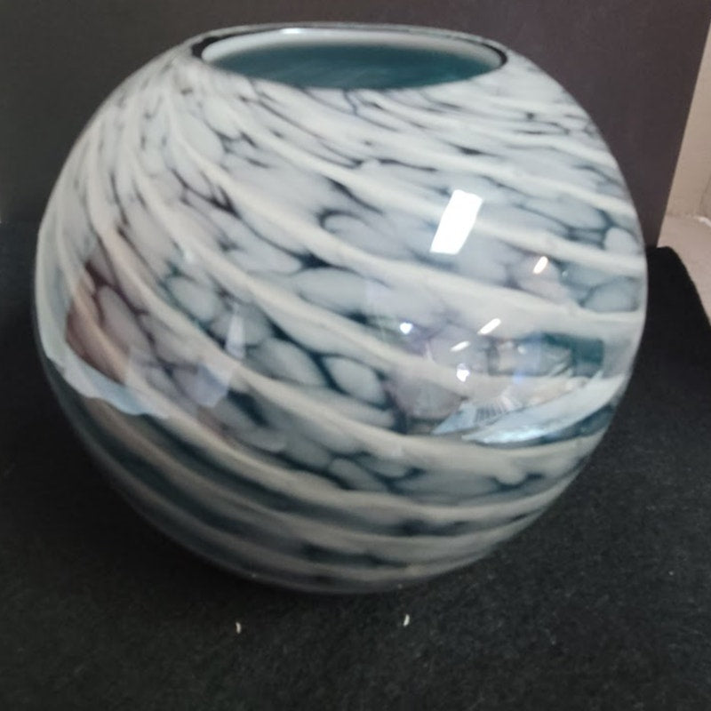 Vintage Blue White Swirl Art Glass Rose Bowl Vase Candle Holder Coastal Beach