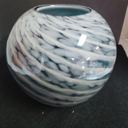 Vintage Blue White Swirl Art Glass Rose Bowl Vase Candle Holder Coastal Beach