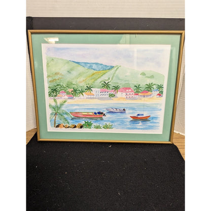 Chantal Marie Watercolor Painting St. Martin Frame 12 x 16 Grand Cove Carrbbean