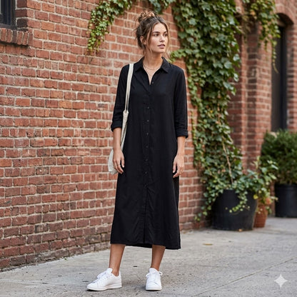Milan Kiss Black Long-Sleeve Maxi Shirt Dress Viscose XL Collared Button Front