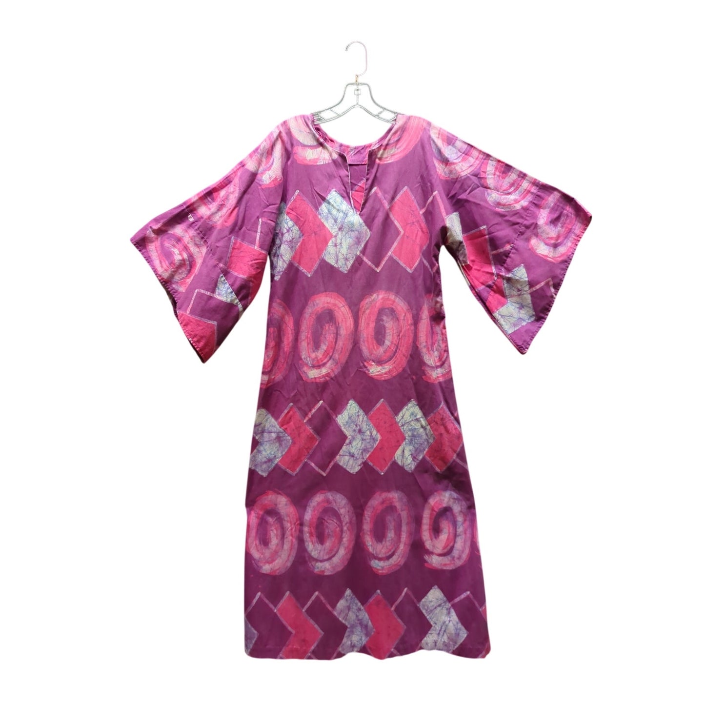 Vintage Purple Pink Batik Cotton Maxi Dress Angel Sleeve Bohemian Caftan 70s