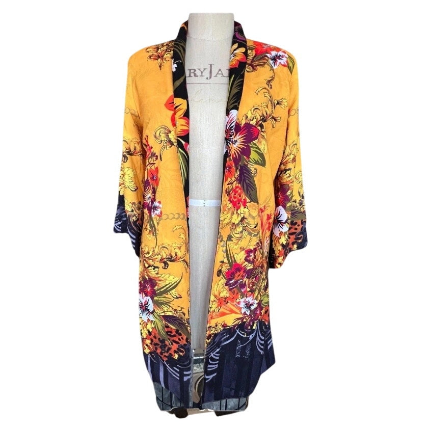 Nygard Mustard Yellow Floral Tropical Open Front Duster Kimono Cardigan
