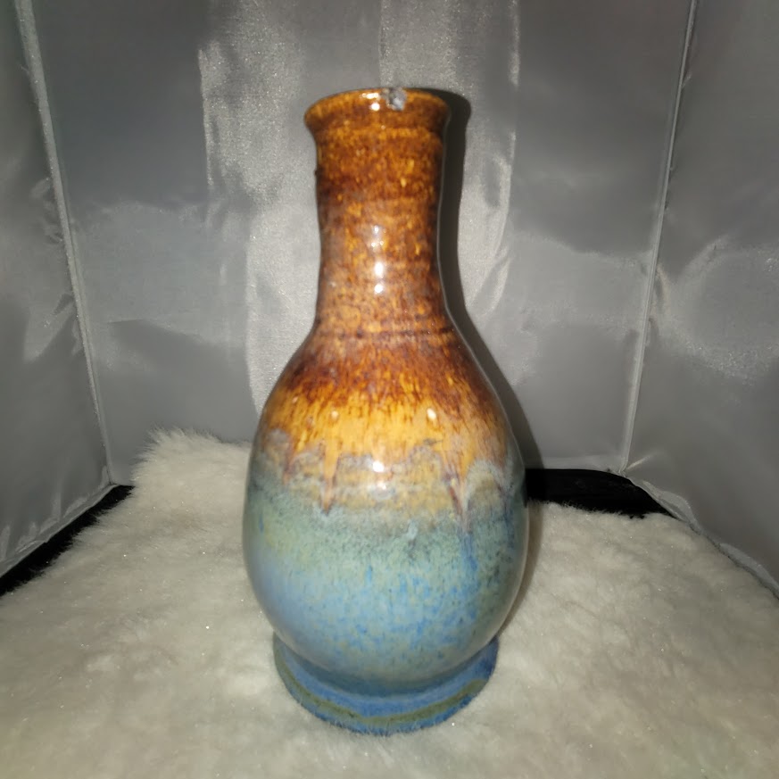 Mid-Century Modern Blue Brown Drip Glaze Studio Art Pottery Ceramic Bud Vase