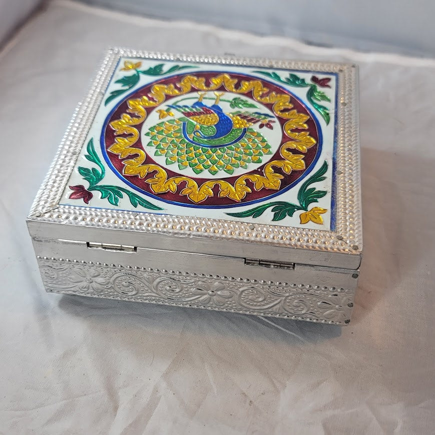 Keepsake Handicraft Peacock Design Jewelry STASH Box Silver Foil Metal Wrapped