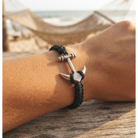 String bracelet nautical silver anchor adjustable Black with silver beads BOHO