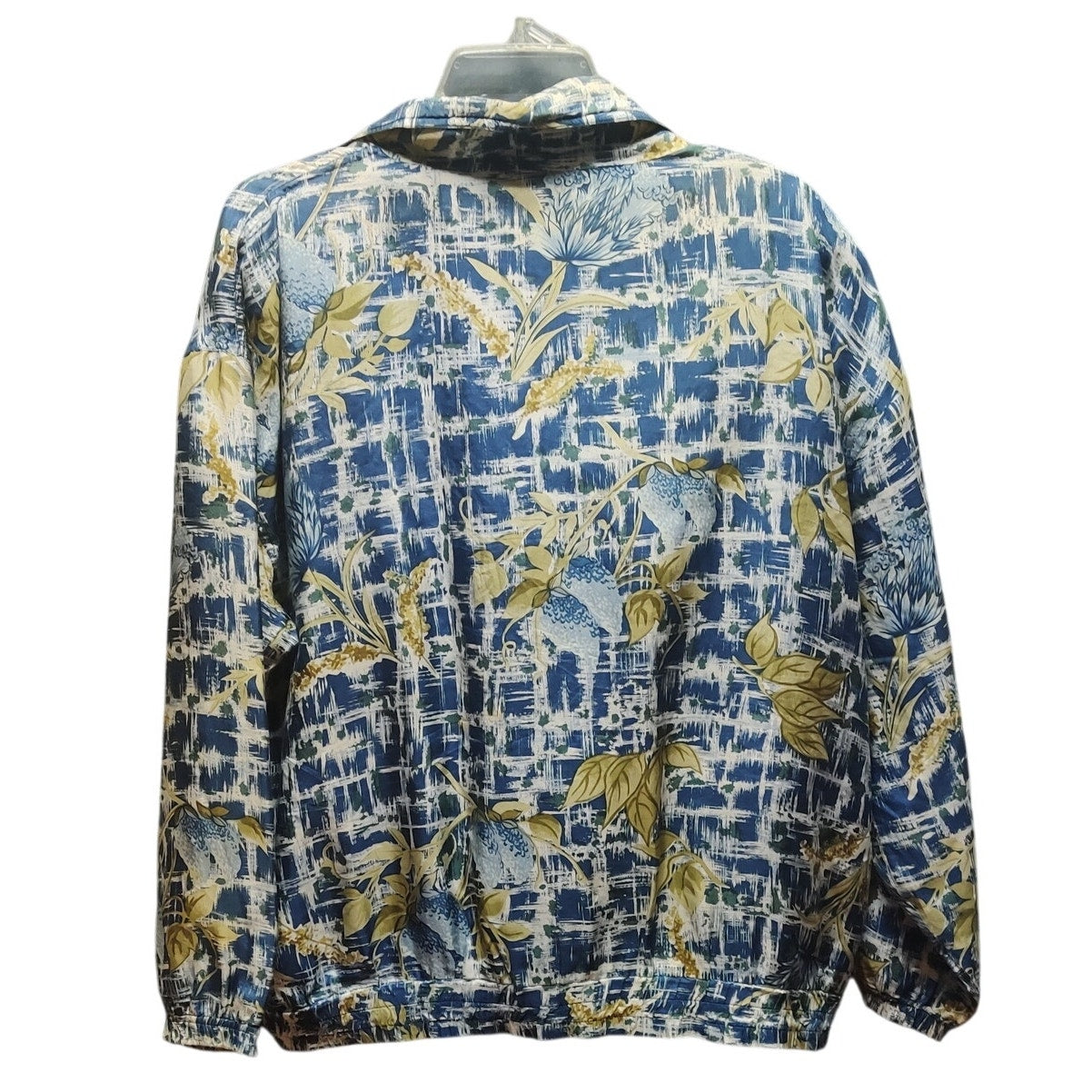Active Studio Vintage Blue Gold Abstract Floral 100% Silk Bomber Jacket XL Y2K