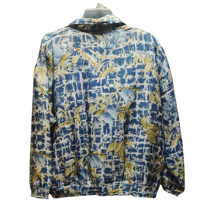 Active Studio Vintage Blue Gold Abstract Floral 100% Silk Bomber Jacket XL Y2K