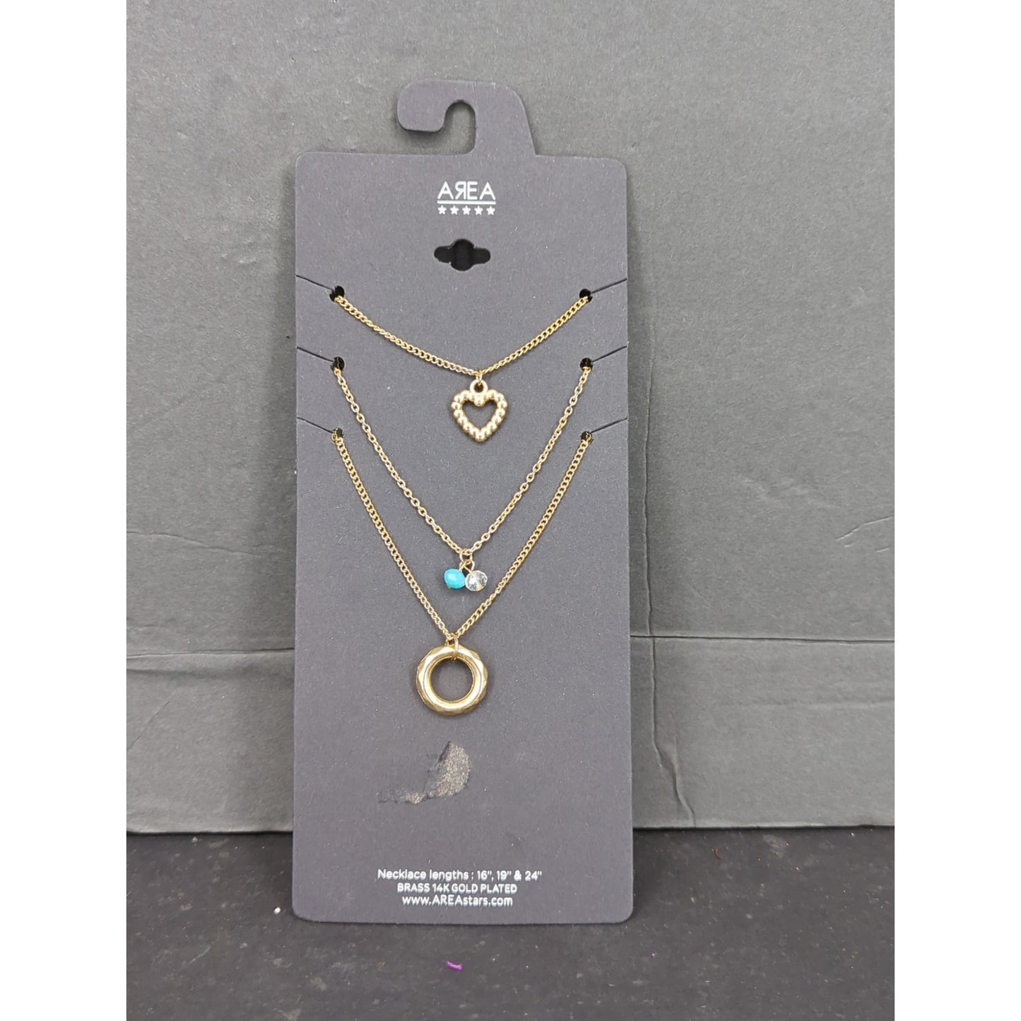 AREA Gold Tone Layered Charm Necklace Set Heart Circle Turquoise Beaded NWT