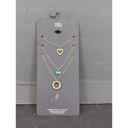 AREA Gold Tone Layered Charm Necklace Set Heart Circle Turquoise Beaded NWT
