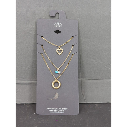 AREA Gold Tone Layered Charm Necklace Set Heart Circle Turquoise Beaded NWT