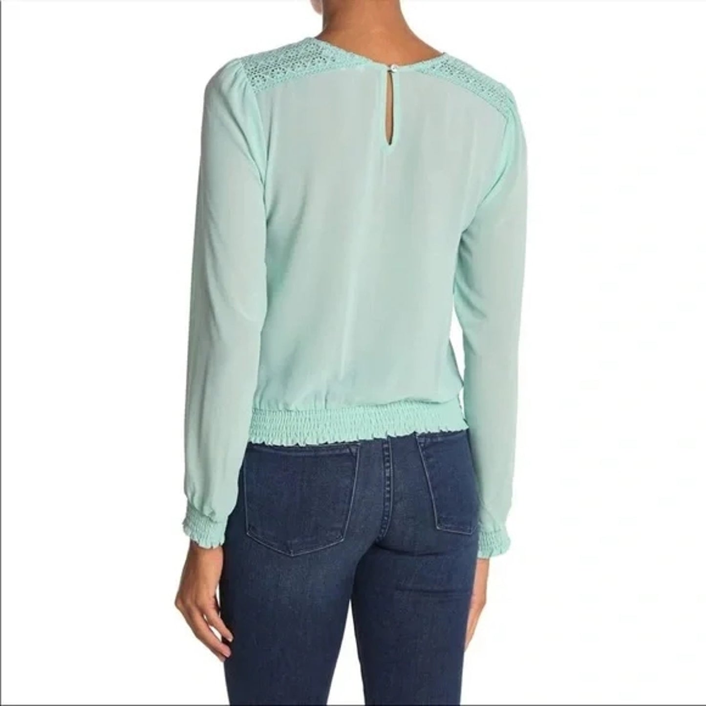 Socialite Mint EXTRA LARGE casual NEW Crochet Trim Smocked Waist & Sleeve Blouse