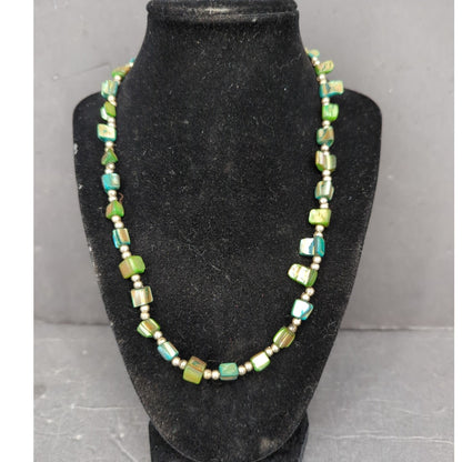 Vintage Green Bead Gold Tone Station Strand Choker Necklace Mid-Century Modern