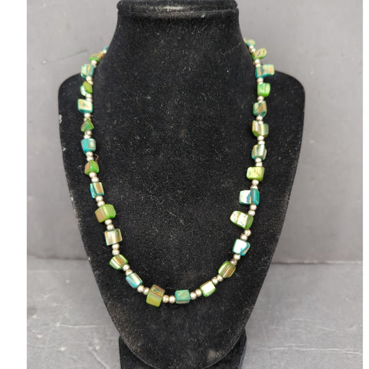 Vintage Green Bead Gold Tone Station Strand Choker Necklace Mid-Century Modern
