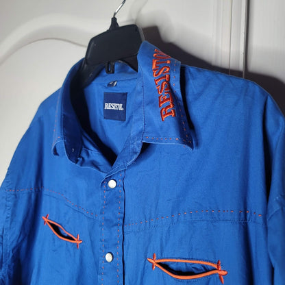 Resistol MEN XL Western Cotton Blue Orange Long Sleeve Cowboy Shirt Pearl snaps