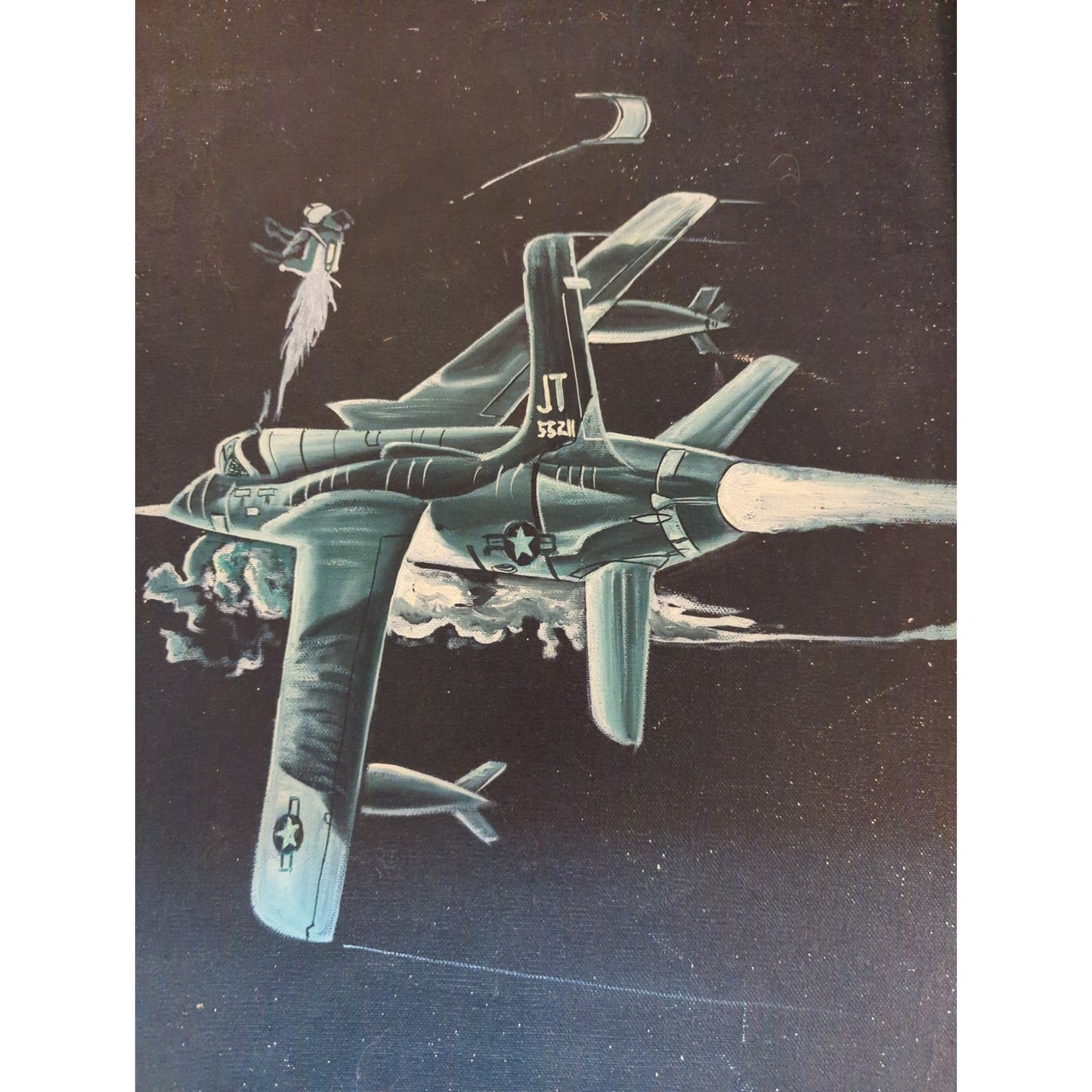 Vintage US Military Jet Fighter Ejection Scene Black Velvet Painting Carve Frame