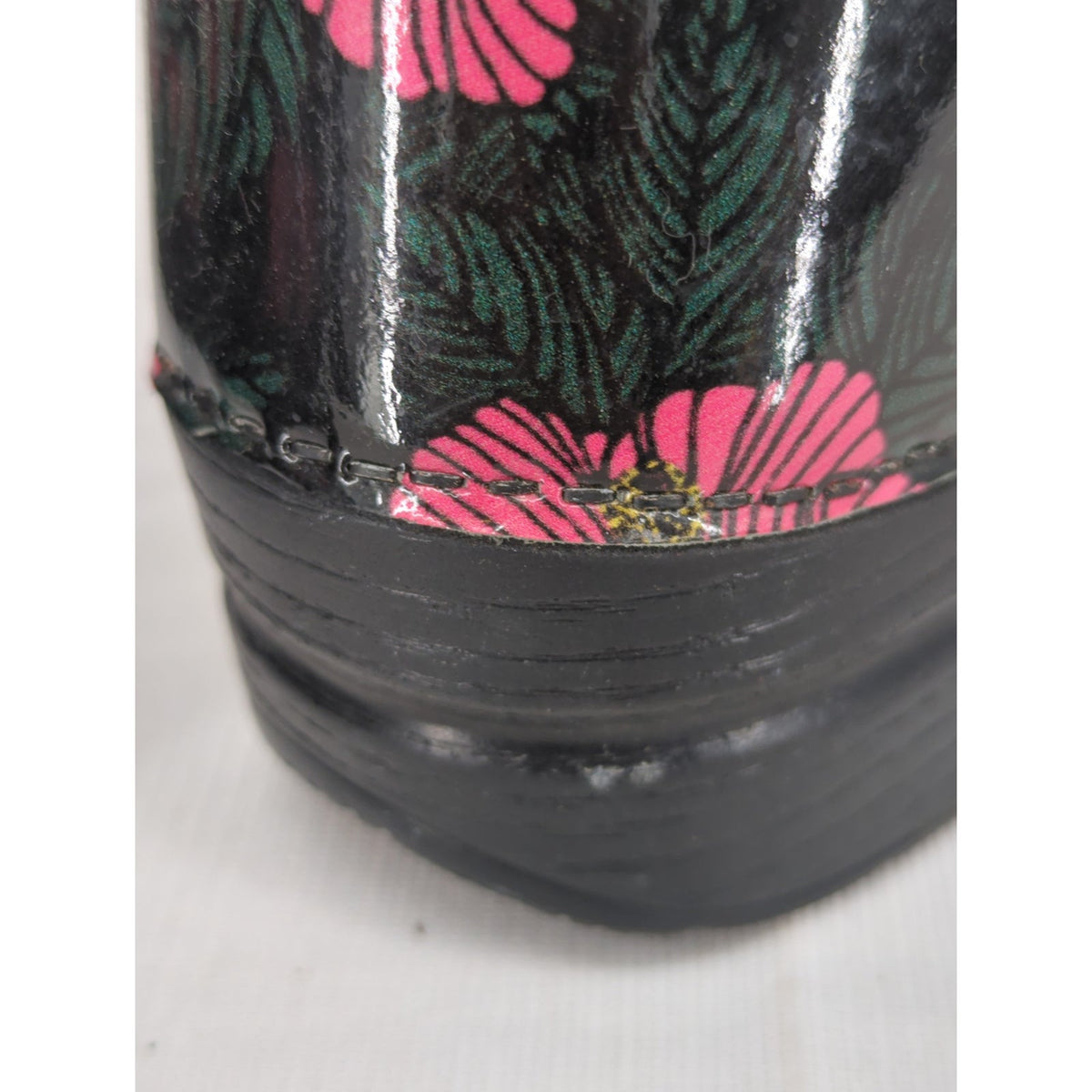 Dansko Patent Leather Clogs Black Pink Floral Professional Nursing Shoes Sz 41