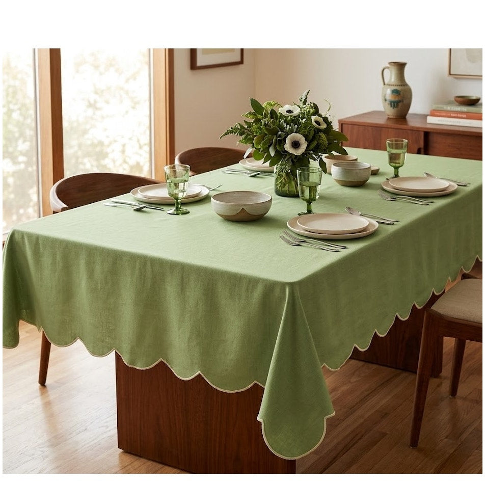 Vintage 1970s Avocado Green Rectangular Tablecloth with Scalloped Edge