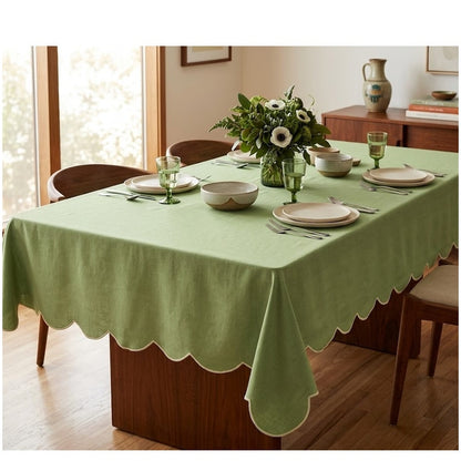 Vintage 1970s Avocado Green Rectangular Tablecloth with Scalloped Edge