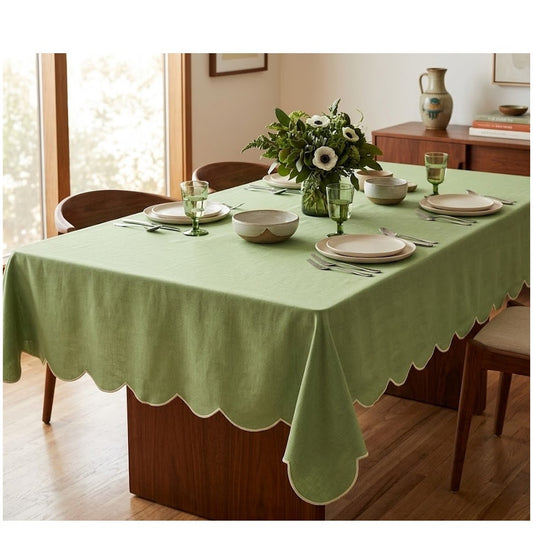 Vintage 1970s Avocado Green Rectangular Tablecloth with Scalloped Edge