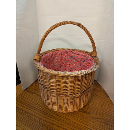 Vintage Woven Wicker Gathering Basket with Calico Drawstring Liner Sewing 18"