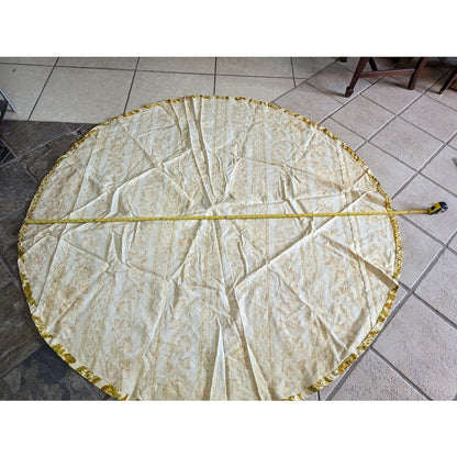 Vintage 1960s round tablecloth 69" Heavy floral brocade gold tones with stripes