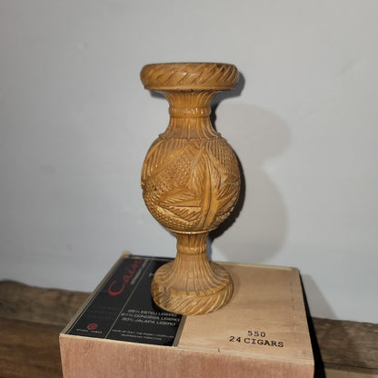 Vintage Wood Vase Five Inch Natural Carved Starburst Boho Rustic