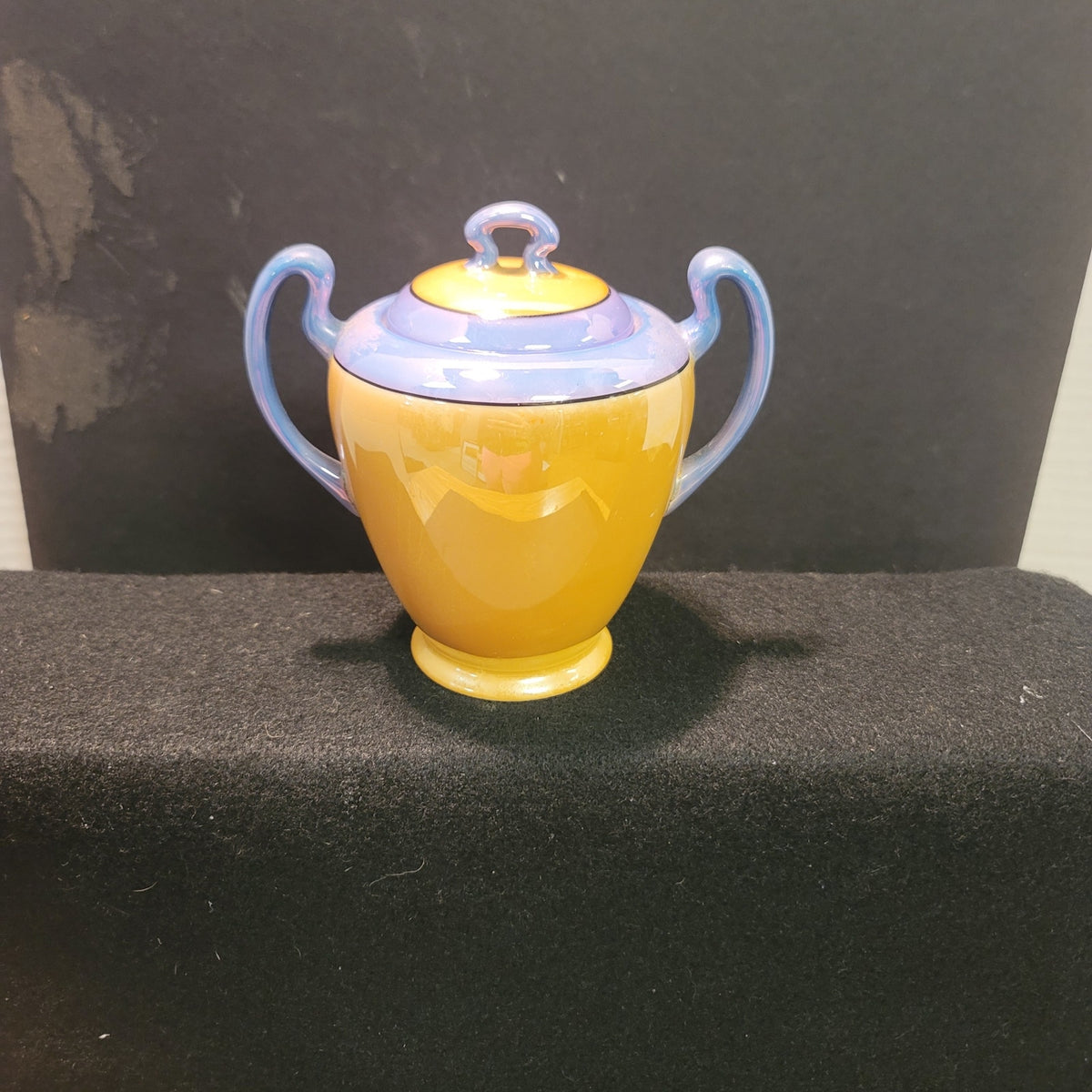 Takito Golden Orange Blue Lusterware Vintage Japanese lidded sugar bowl handles