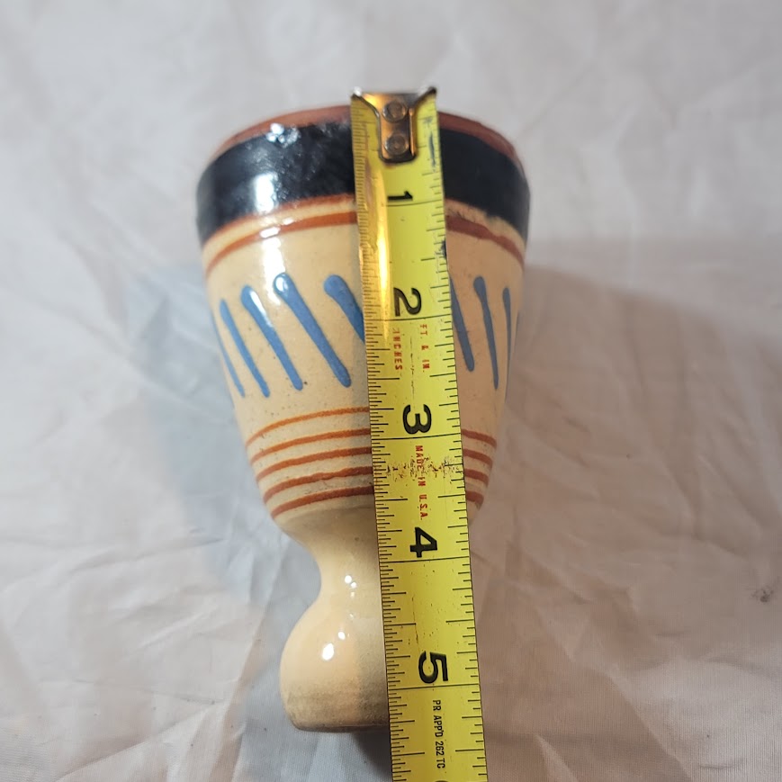 Vintage handmade vase tapered blue rust cream 6" tall