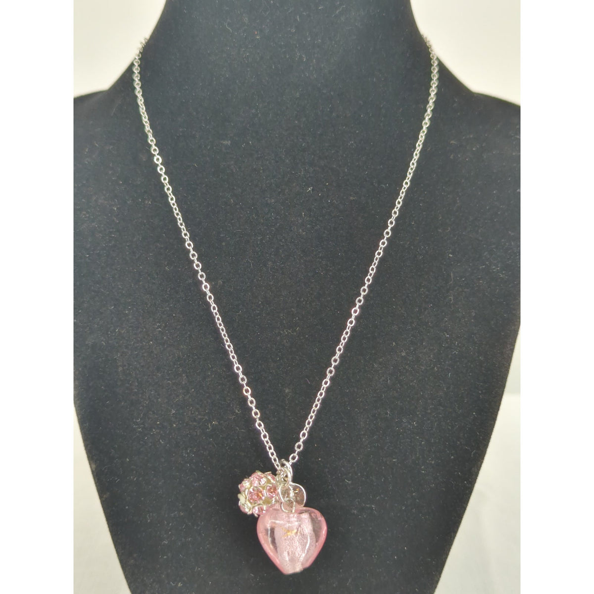 Vintage Silver Tone Pink Glass Heart Charm Necklace Boxed