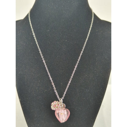 Vintage Silver Tone Pink Glass Heart Charm Necklace Boxed