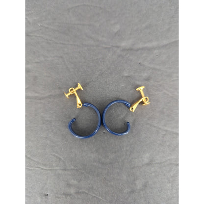 Vintage Blue Enamel Hoop Dangle Earrings Gold Tone Clip On Huggie Drop