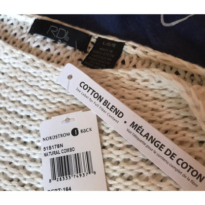 Rdi Open Stitch Pullover Sweater Long Sleeve V-Neck Natural Combo small NEW