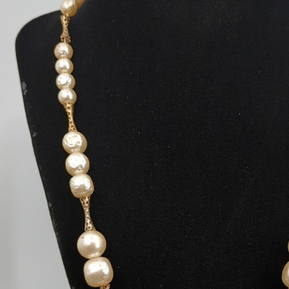 Vintage Cream Faux Pearl Graduated Station Necklace Gold-Tone 24" opera length
