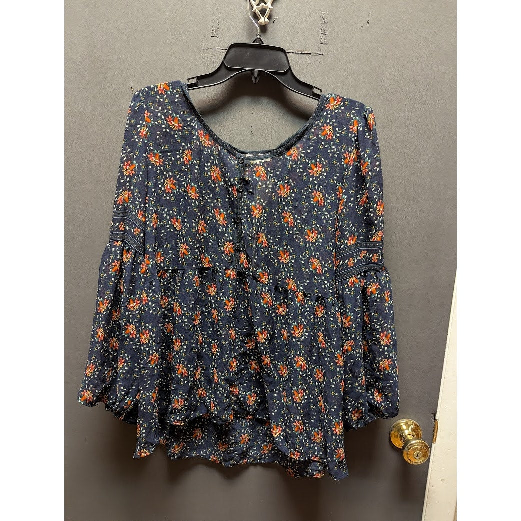 Max Studio Size XL womens sheer long sleeve blouse top shirt blue rust
