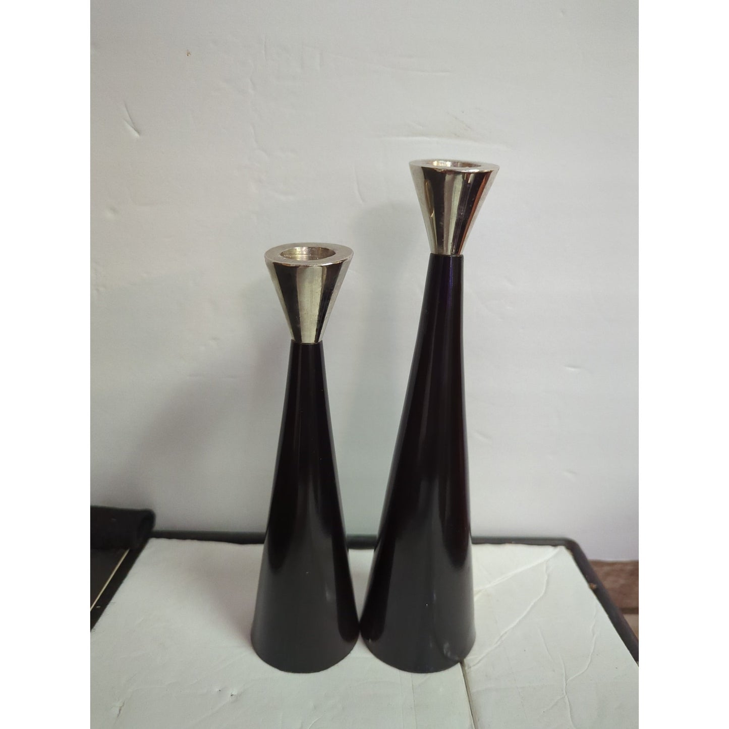 Pair metal black metal MCM candle holders brutalist style heavy staggered