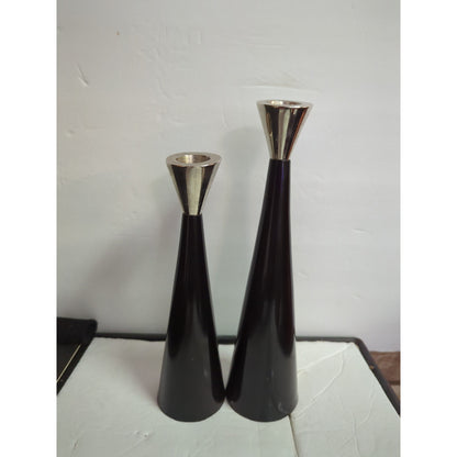 Pair metal black metal MCM candle holders brutalist style heavy staggered