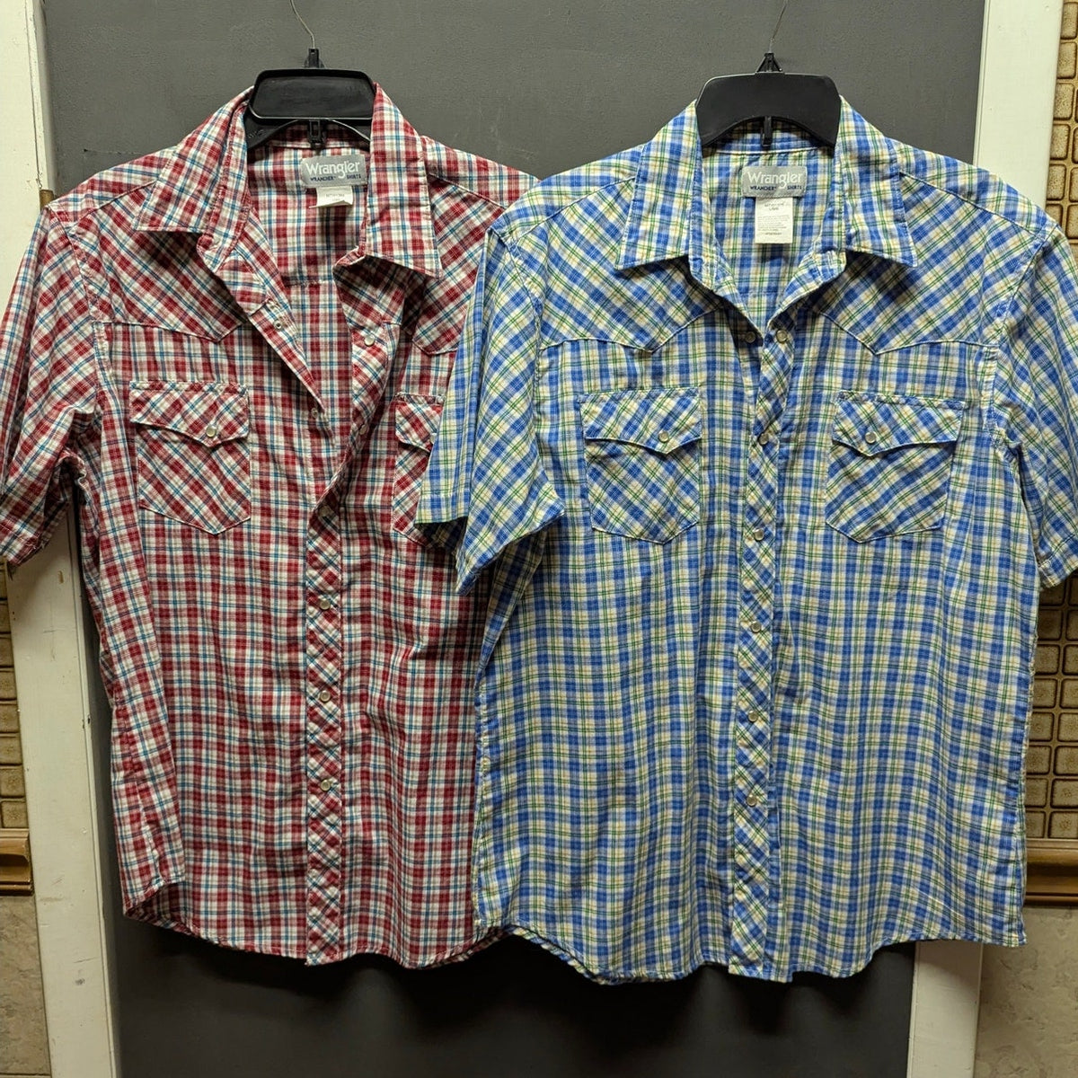 Wrangler Vintage Plaid Pearl Snap Short Sleeve Shirts Lot 2 Western Casual Large