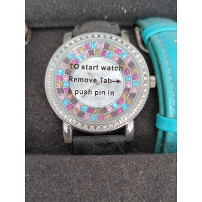 Women Interchangeable Watch Set Rainbow Crystal Bezel 5 Colorful Straps Gift Box
