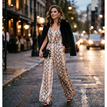 L'Agence Maeve Snake Print Wide-Leg Jumpsuit Spaghetti Straps pockets size 4 NEW