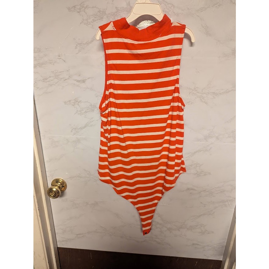 NEW Abound red white stripe sleeveless mock neck thong bodysuit Size Large layer