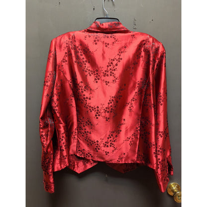 Red long sleeve shirt vINTAGE Asian satin finish brocade collared button Size 16