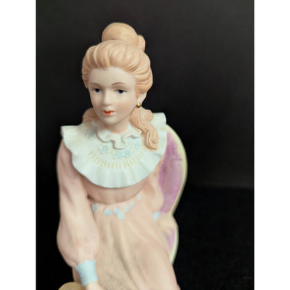 Vintage Bisque Porcelain Seated Victorian Lady Figurine with Hat