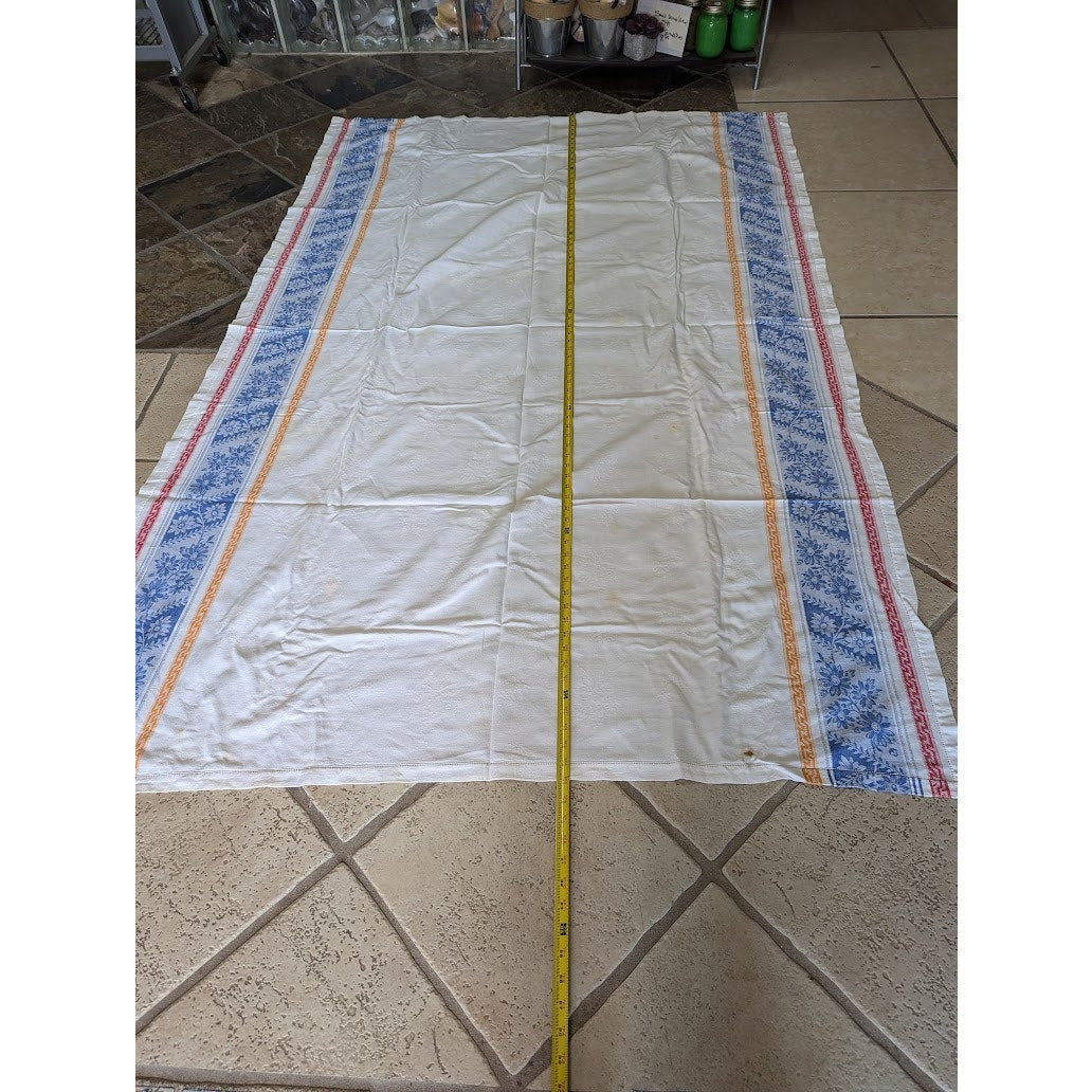 Vintage 50s Damask Tablecloth with Border Print in Red White and Blue 56" X 66"