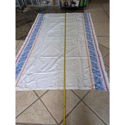 Vintage 50s Damask Tablecloth with Border Print in Red White and Blue 56" X 66"