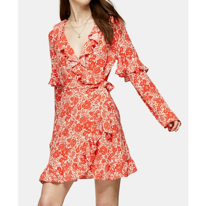 Topshop Orange Red Wrap Floral Short Dress Size 12 Ruffle collar Long sleeve NEW