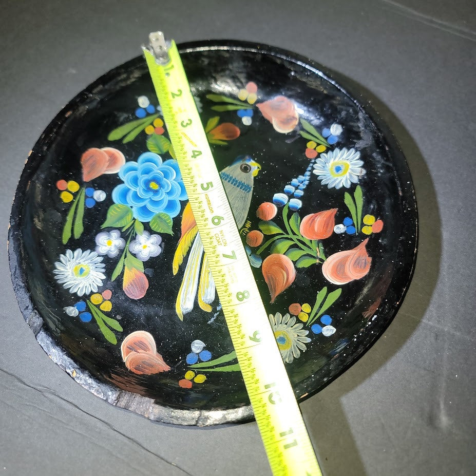 Pair Vintage Mexican Batea wooden bowls Hand painted floral bird folk art black